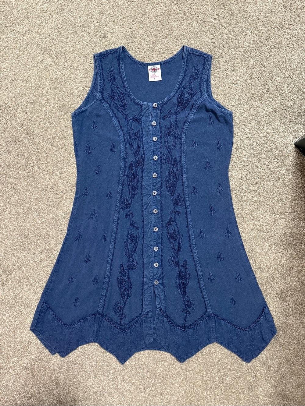Sleeveless Navy Button-Front Embroidered Mini Dress